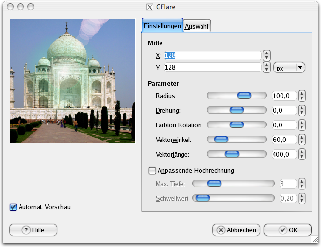 Eigenschaften im Reiter Einstellungen für das Filter GFlare